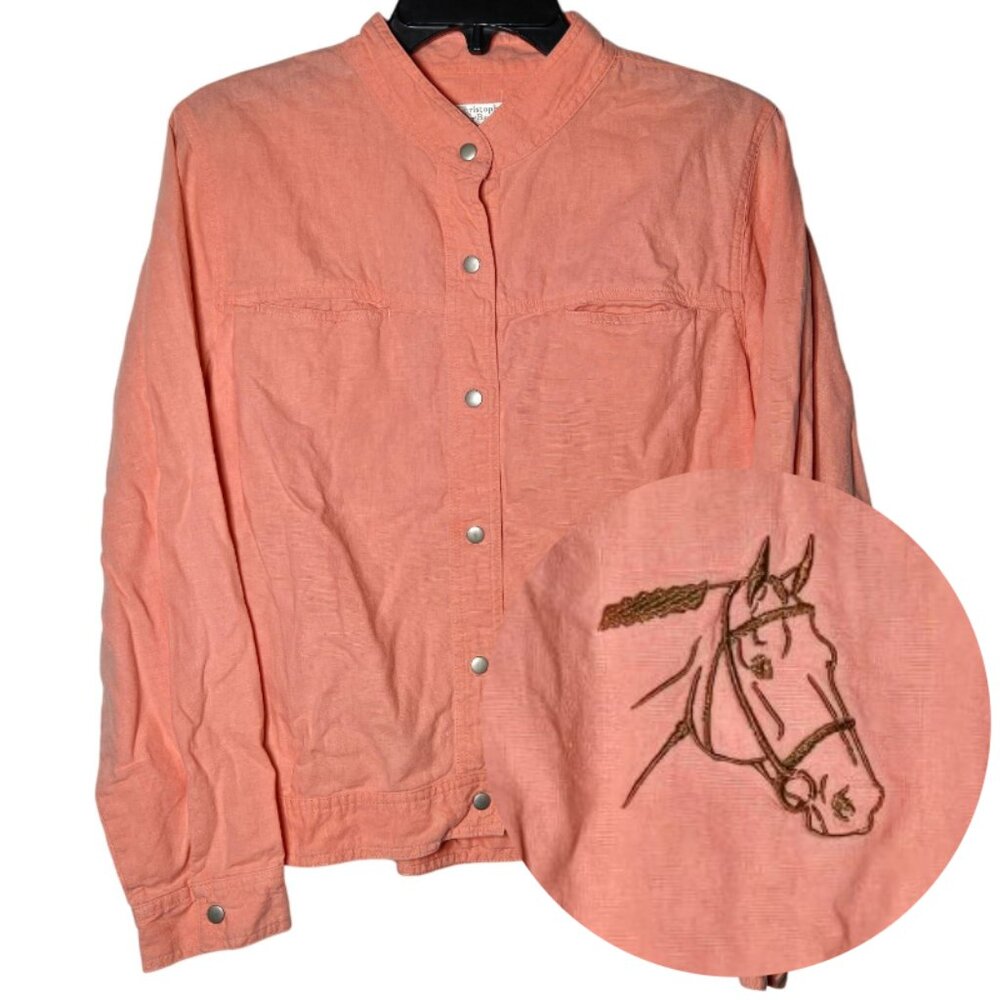 Christopher & Banks Linen Blend Horse Embroidered Button-Down Jacket Size Large